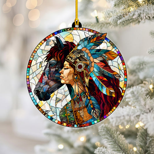 Native American Woman & Horse Stained Glass Acrylic Ornament