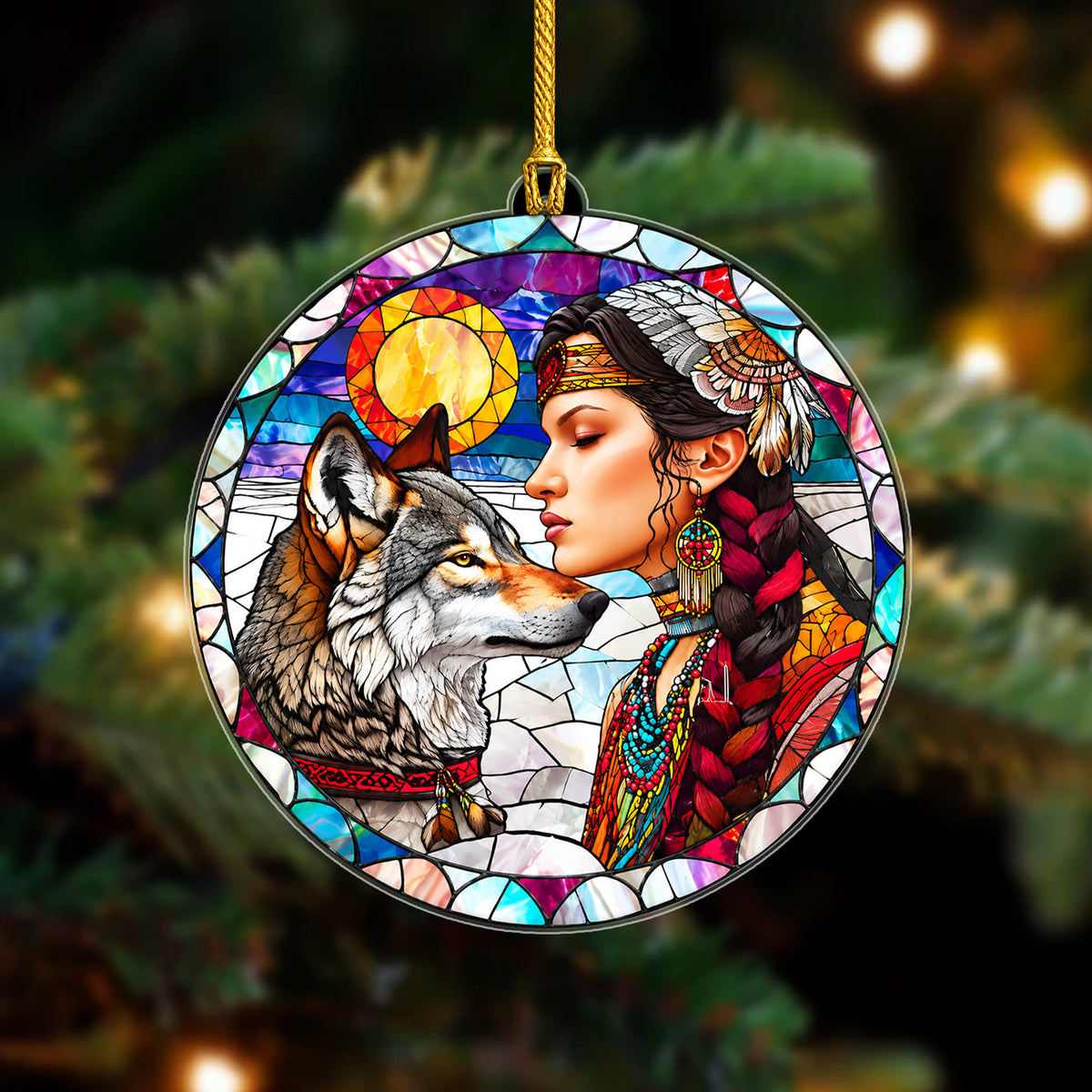 Native American Woman & Wolf Stained Glass Acrylic Ornament