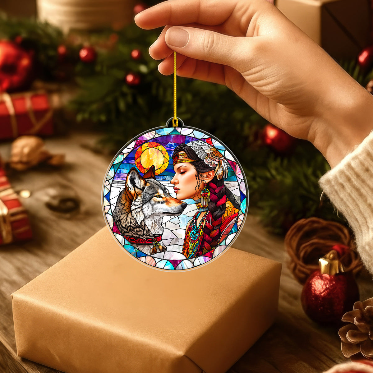 Native American Woman & Wolf Stained Glass Acrylic Ornament