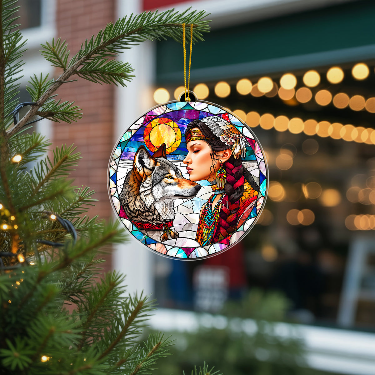 Native American Woman & Wolf Stained Glass Acrylic Ornament