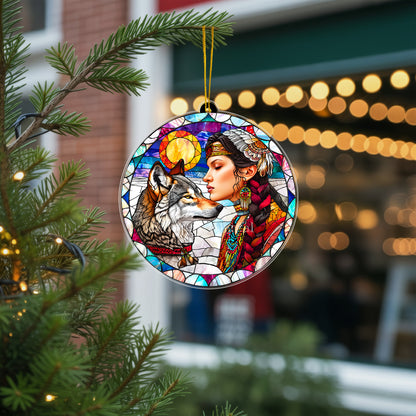 Native American Woman & Wolf Stained Glass Acrylic Ornament