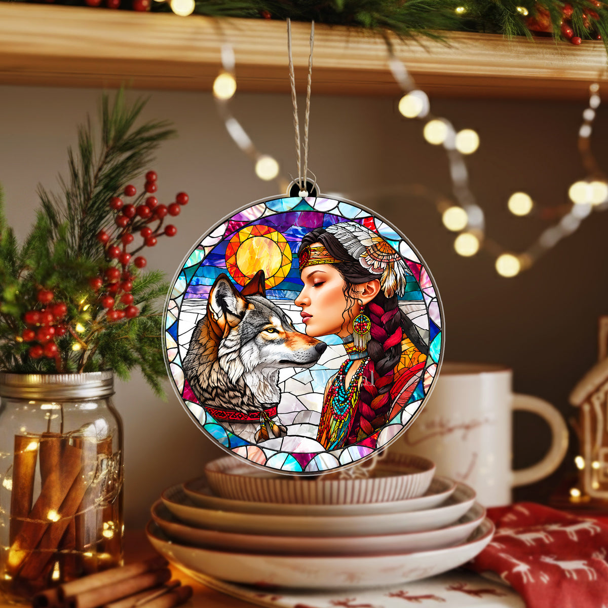 Native American Woman & Wolf Stained Glass Acrylic Ornament