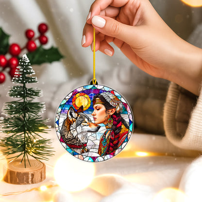 Native American Woman & Wolf Stained Glass Acrylic Ornament