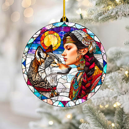 Native American Woman & Wolf Stained Glass Acrylic Ornament