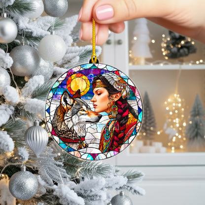 Native American Woman & Wolf Stained Glass Acrylic Ornament