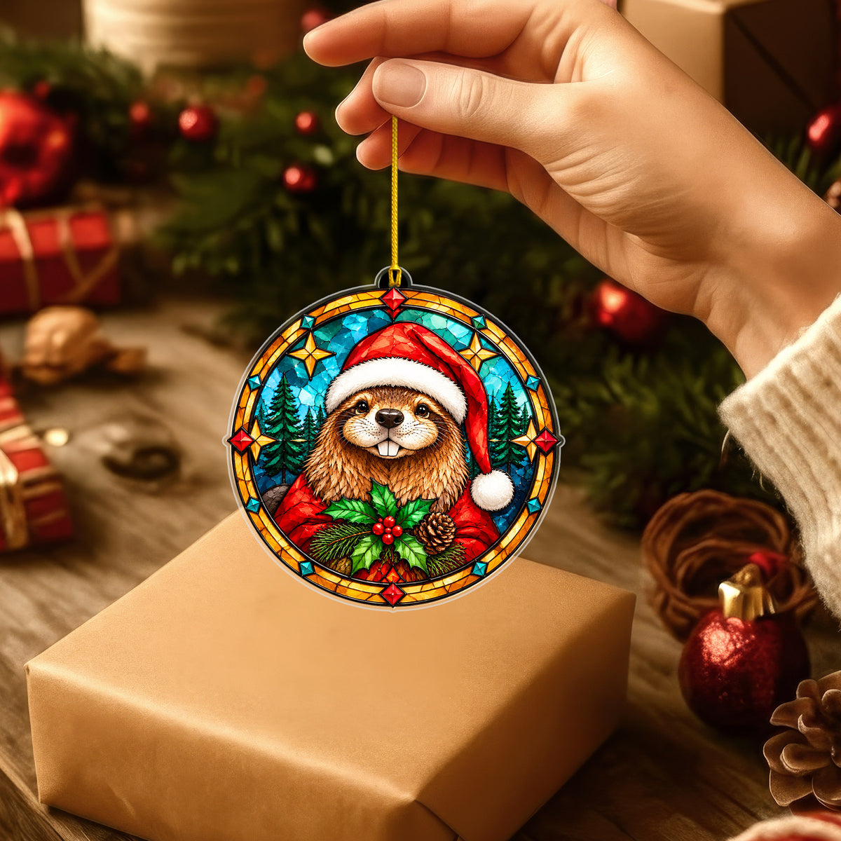 Native American Beaver Stained Glass Acrylic Christmas Ornament