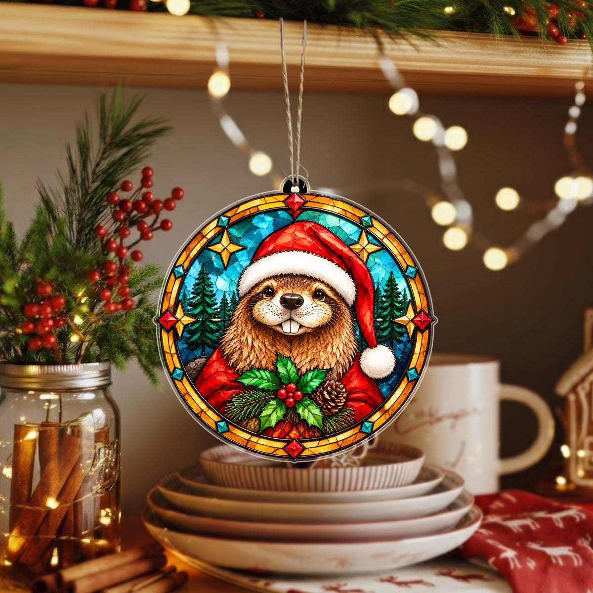 Native American Beaver Stained Glass Acrylic Christmas Ornament