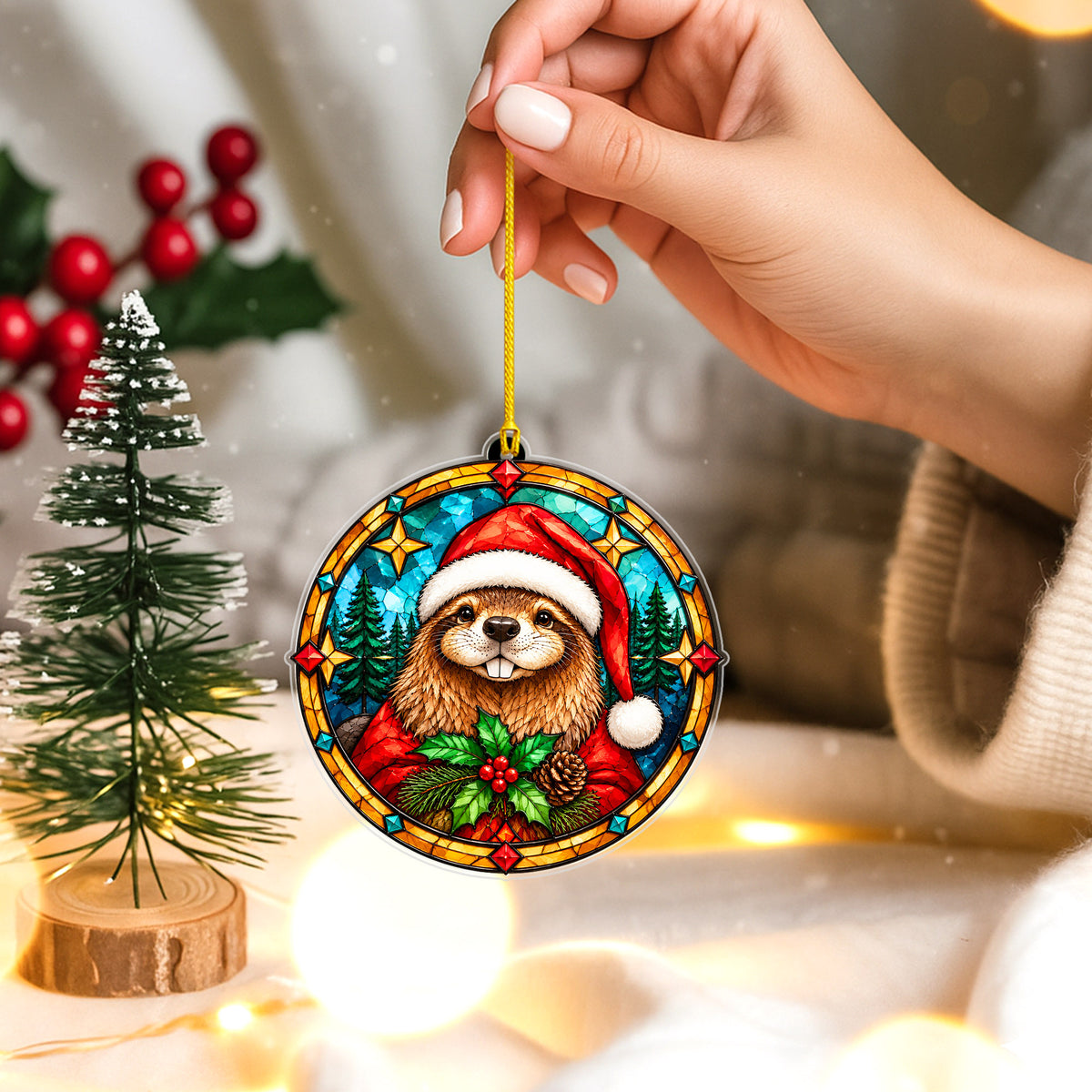 Native American Beaver Stained Glass Acrylic Christmas Ornament
