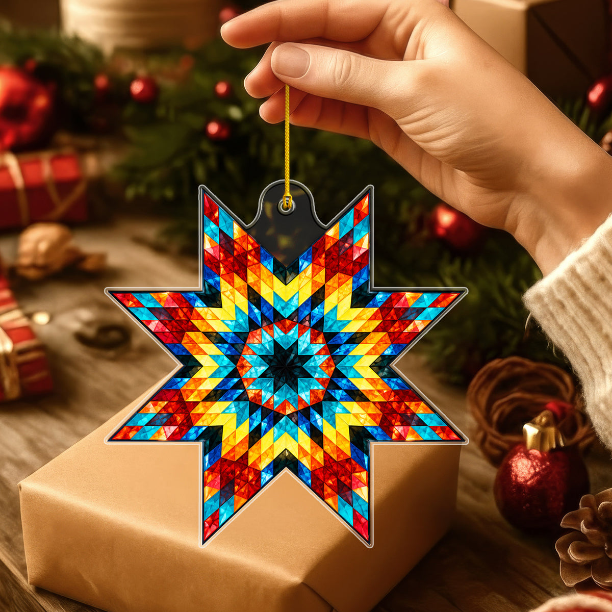 Multicolor Native American Star Quilt Acrylic Christmas Ornament