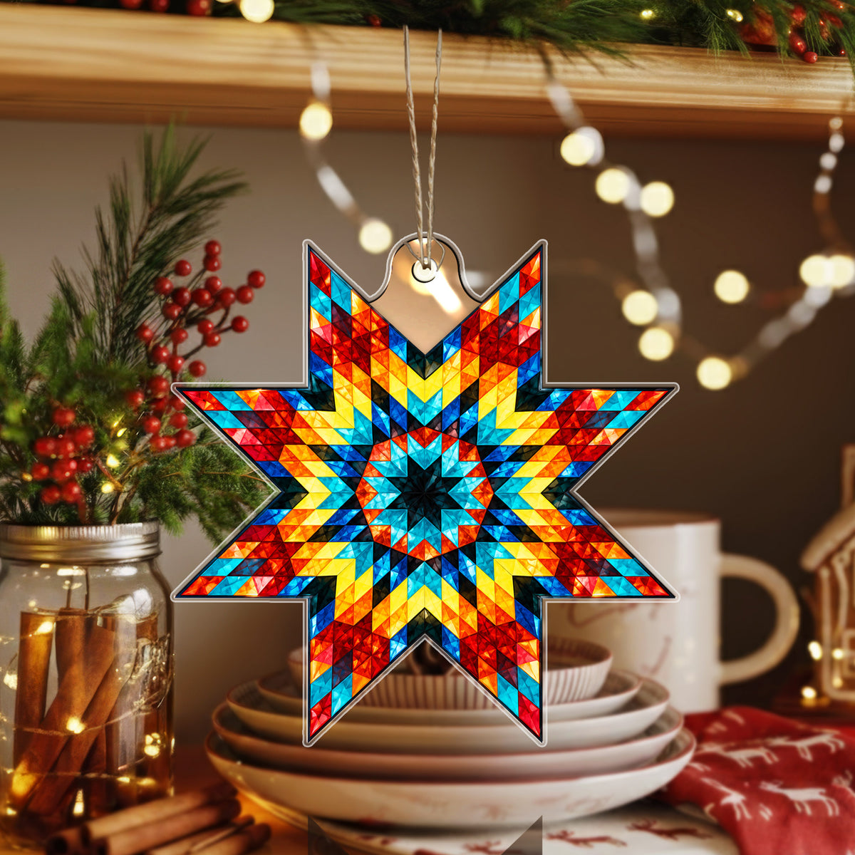 Multicolor Native American Star Quilt Acrylic Christmas Ornament