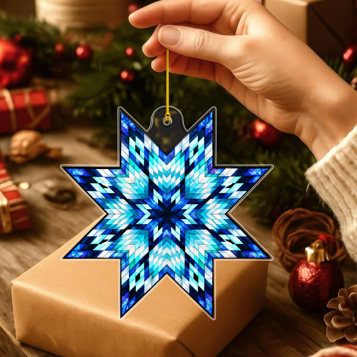 Blue Native American Star Quilt Acrylic Christmas Ornament