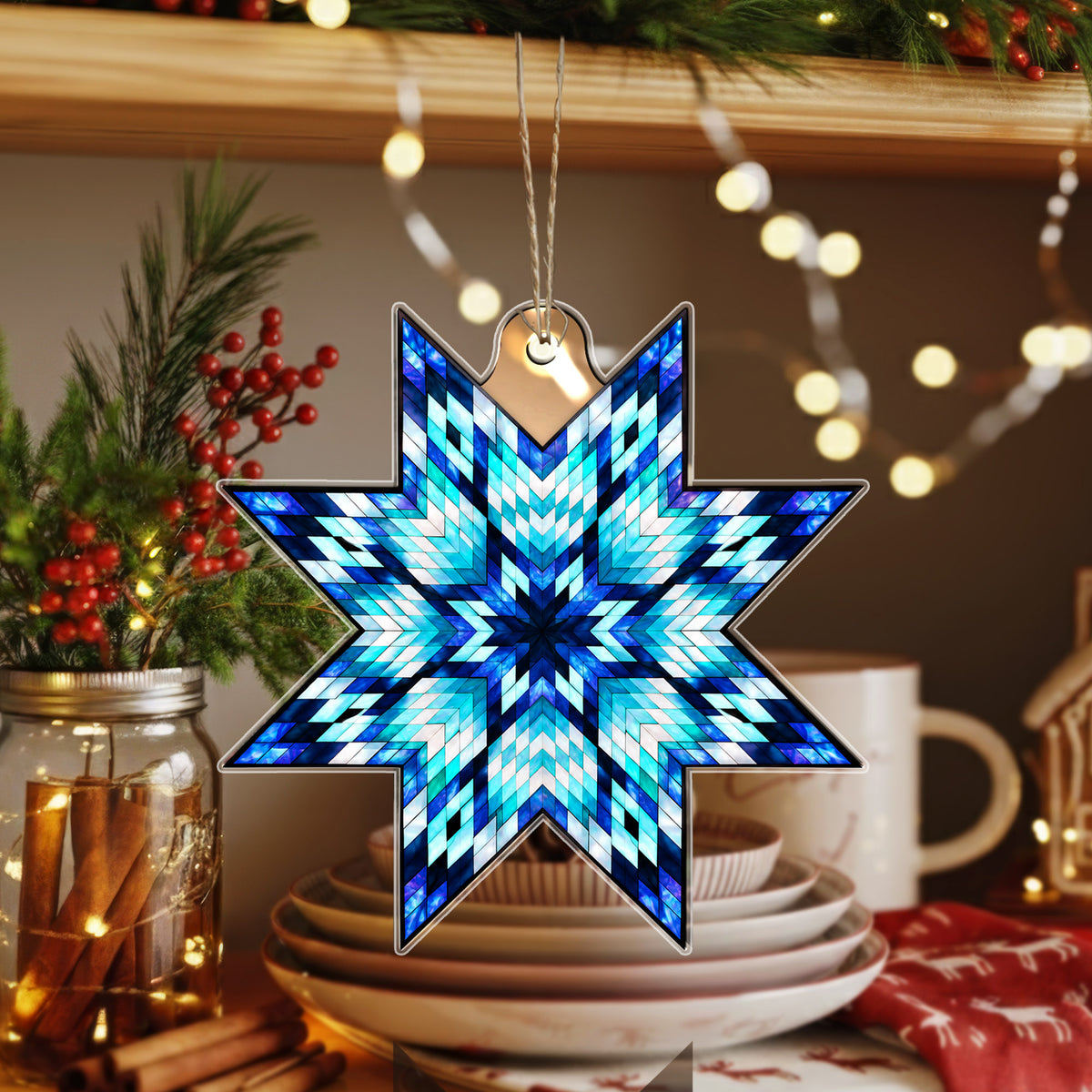 Blue Native American Star Quilt Acrylic Christmas Ornament