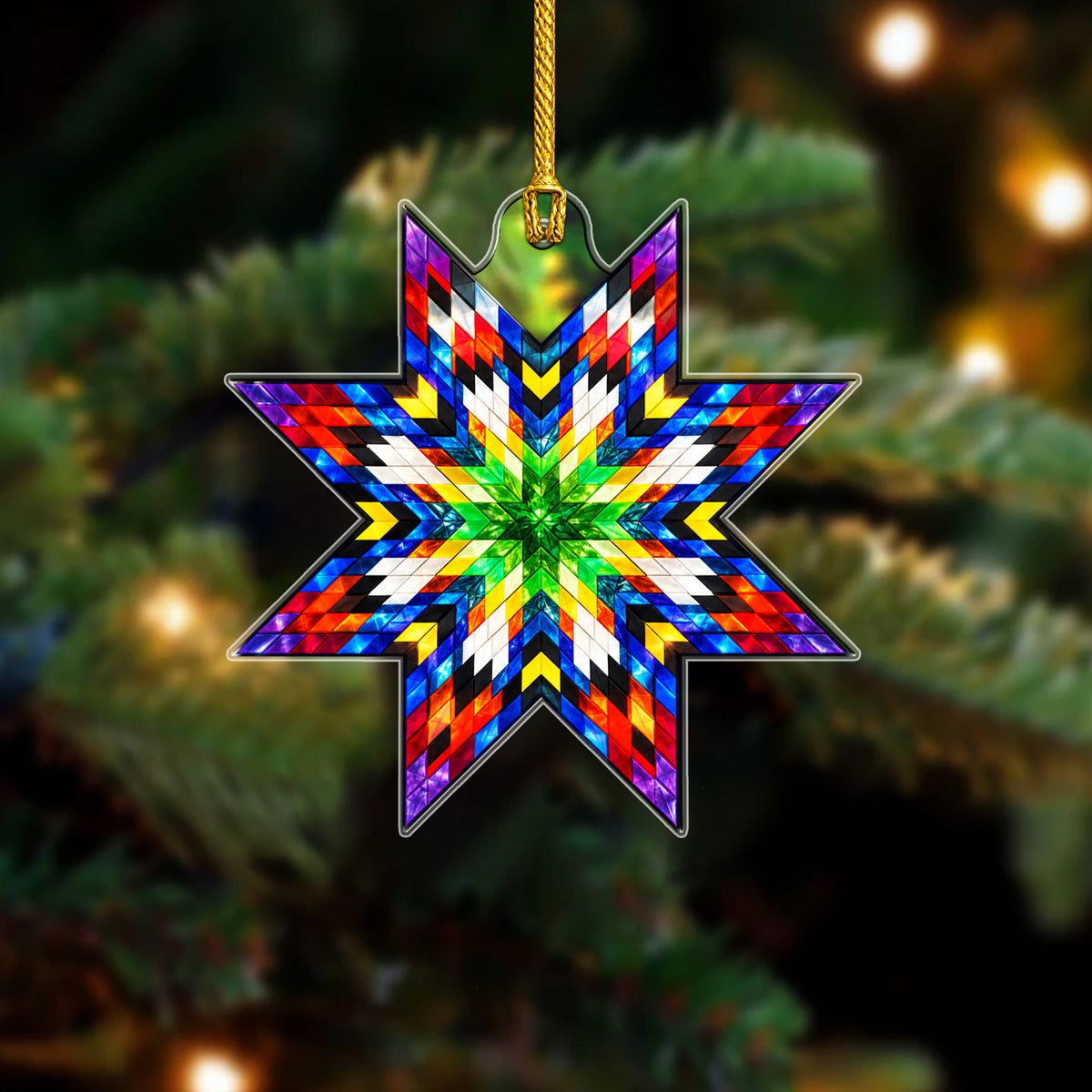 Green Multicolor Native Star Quilt Acrylic Christmas Ornament