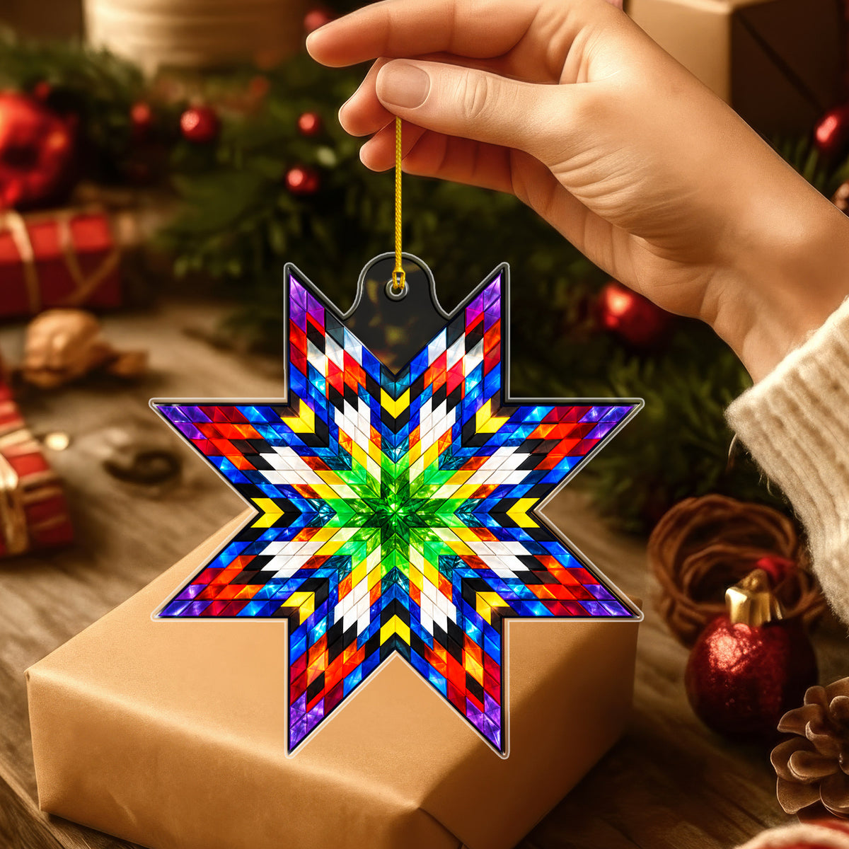 Green Multicolor Native Star Quilt Acrylic Christmas Ornament