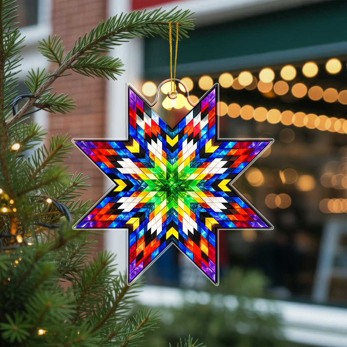 Green Multicolor Native Star Quilt Acrylic Christmas Ornament