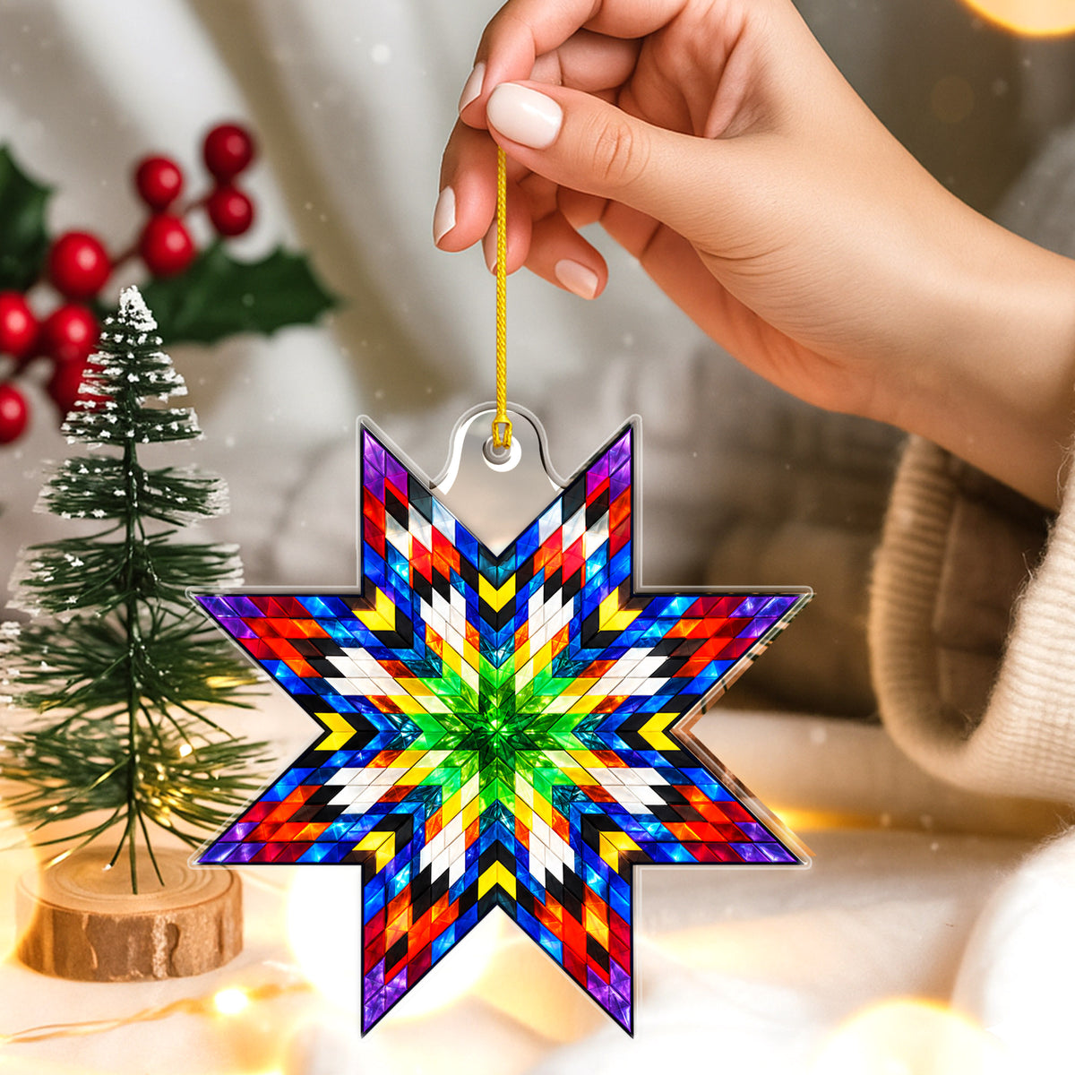Green Multicolor Native Star Quilt Acrylic Christmas Ornament