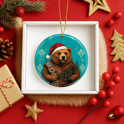 Native Inspired Bear Christmas Ornament Ceramic Woodland Animal Holiday Tree Decoration Gift