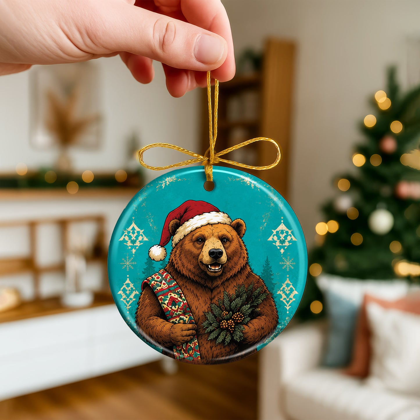 Native Inspired Bear Christmas Ornament Ceramic Woodland Animal Holiday Tree Decoration Gift