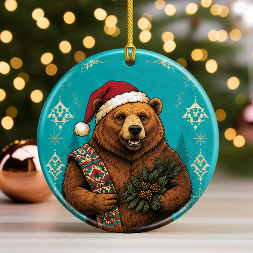 Native Inspired Bear Christmas Ornament Ceramic Woodland Animal Holiday Tree Decoration Gift