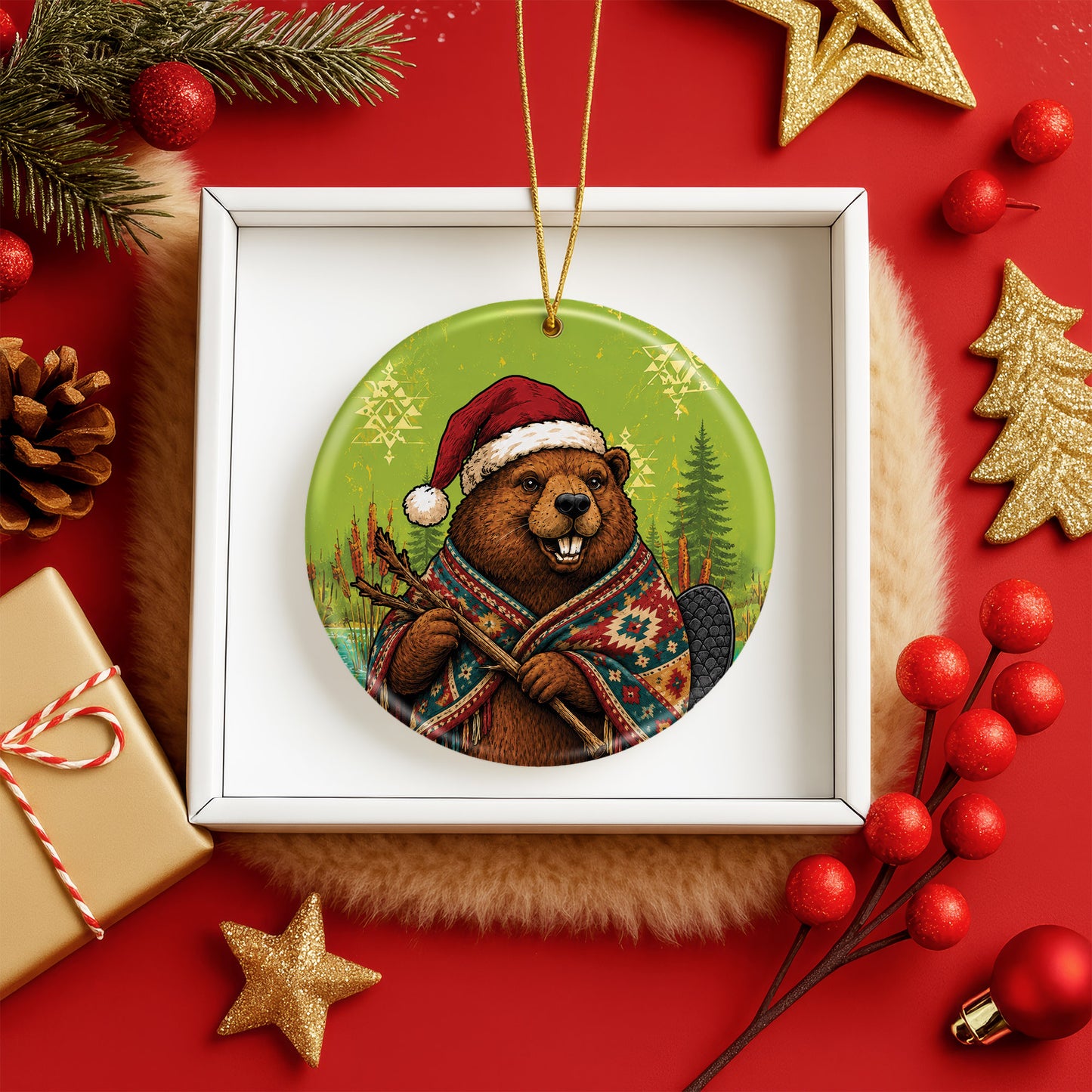 Native Inspired Beaver Christmas Ornament Ceramic Woodland Animal Holiday Tree Decoration Gift