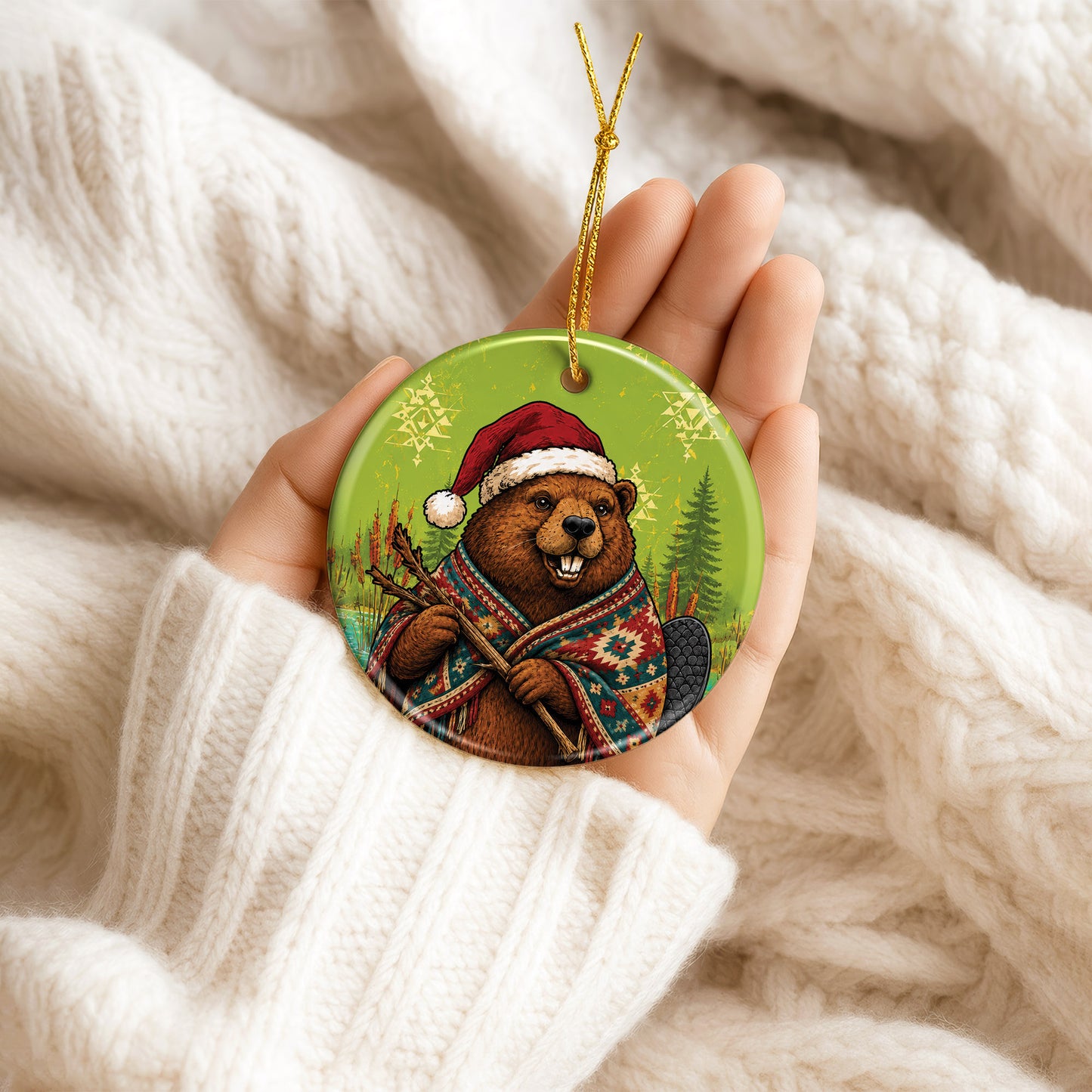 Native Inspired Beaver Christmas Ornament Ceramic Woodland Animal Holiday Tree Decoration Gift