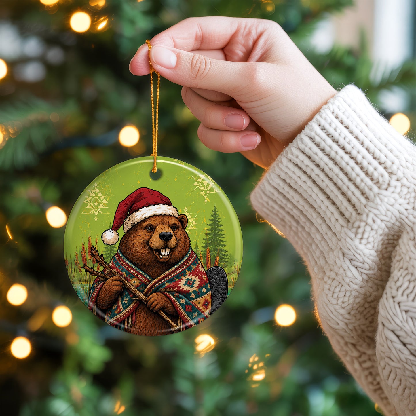 Native Inspired Beaver Christmas Ornament Ceramic Woodland Animal Holiday Tree Decoration Gift
