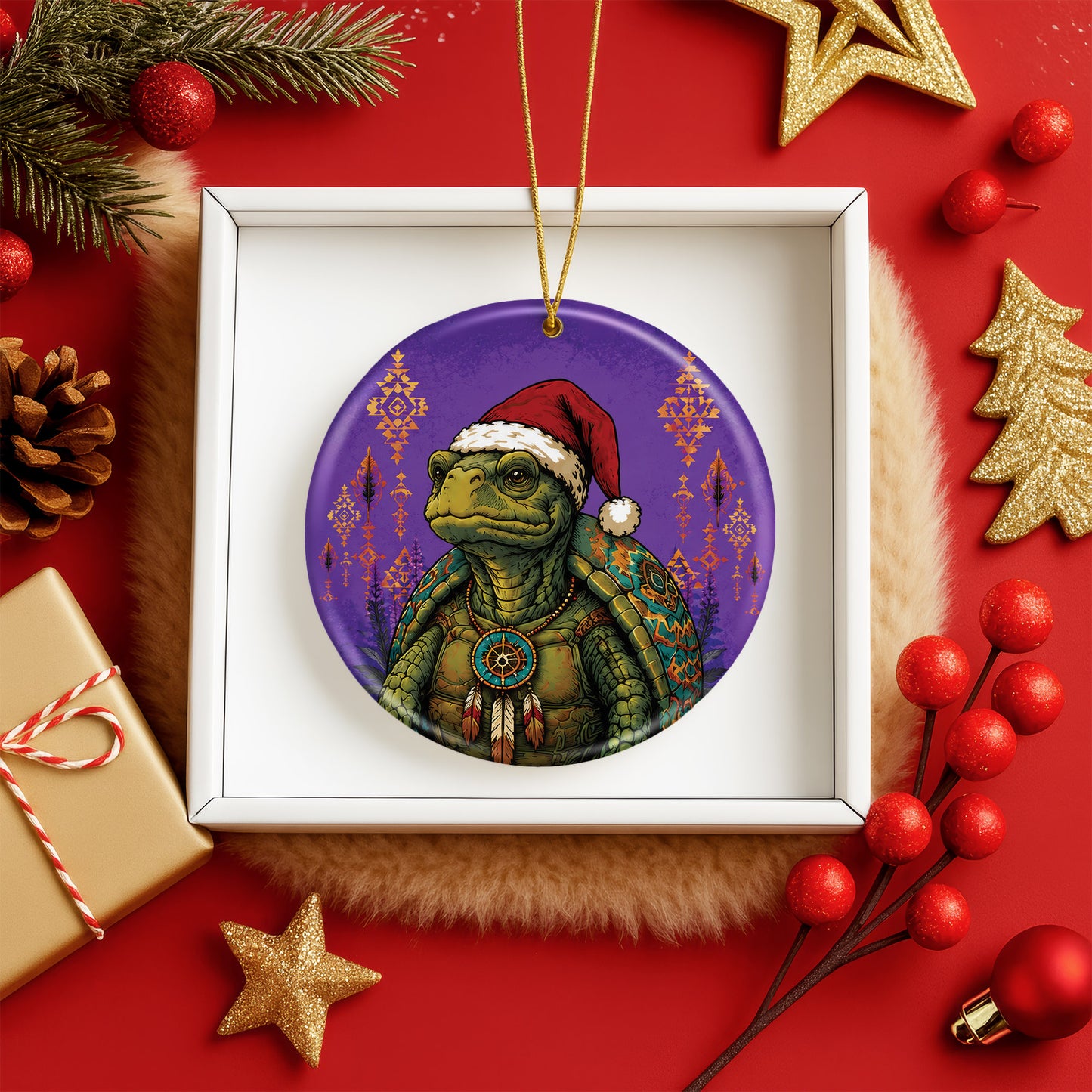 Native Inspired Turtle Christmas Ornament Ceramic Turtle Holiday Tree Decoration Gift