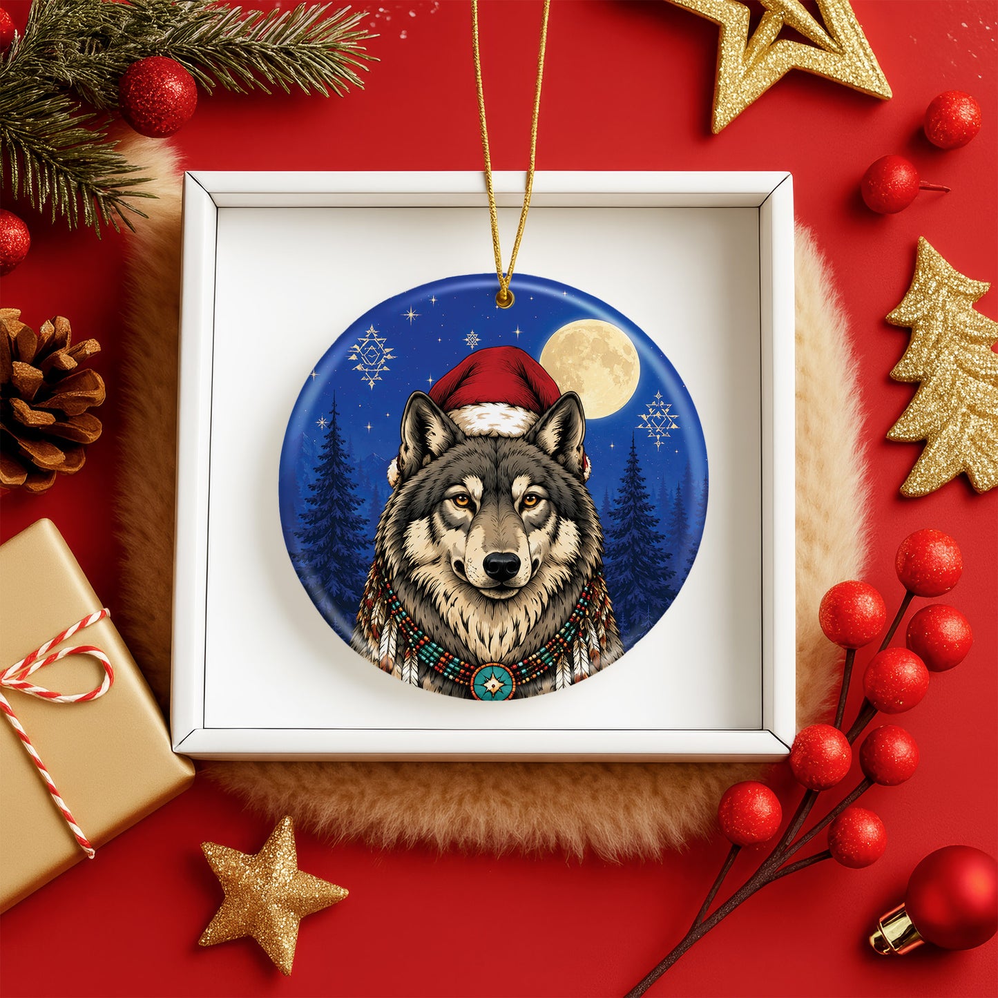 Native Inspired Wolf Christmas Ornament Ceramic Wolf Holiday Tree Decoration Gift
