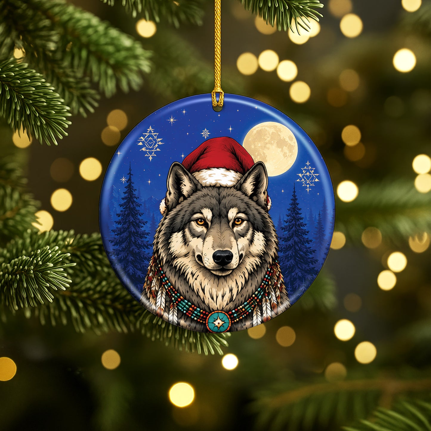Native Inspired Wolf Christmas Ornament Ceramic Wolf Holiday Tree Decoration Gift