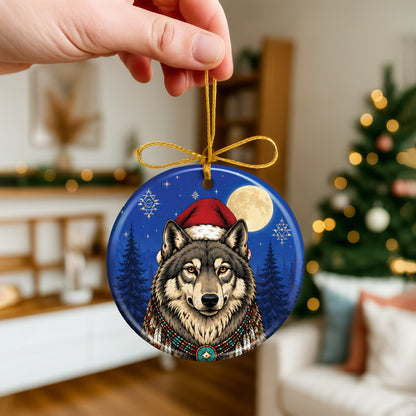 Native Inspired Wolf Christmas Ornament Ceramic Wolf Holiday Tree Decoration Gift