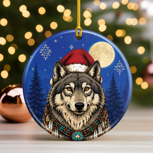 Native Inspired Wolf Christmas Ornament Ceramic Wolf Holiday Tree Decoration Gift