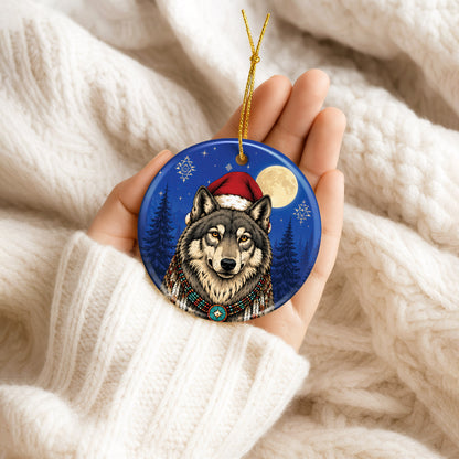 Native Inspired Wolf Christmas Ornament Ceramic Wolf Holiday Tree Decoration Gift