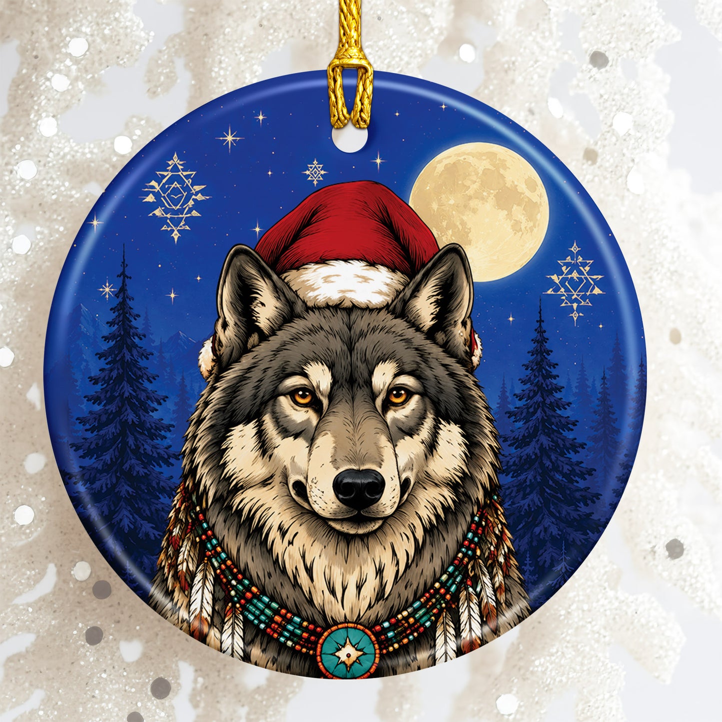 Native Inspired Wolf Christmas Ornament Ceramic Wolf Holiday Tree Decoration Gift