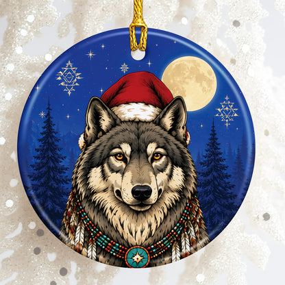 Native Inspired Wolf Christmas Ornament Ceramic Wolf Holiday Tree Decoration Gift