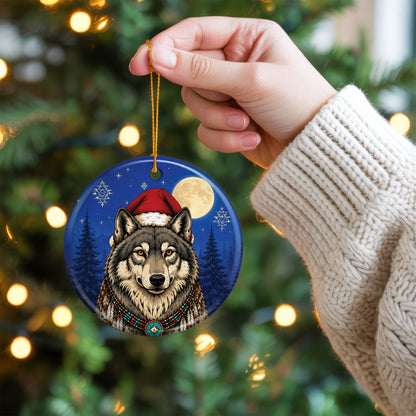 Native Inspired Wolf Christmas Ornament Ceramic Wolf Holiday Tree Decoration Gift