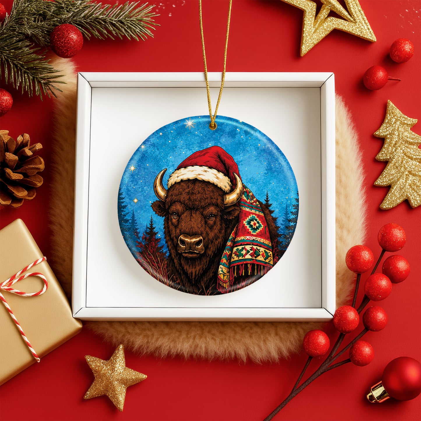 Native Inspired Buffalo Christmas Ornament Ceramic Bison Holiday Tree Decoration Gift