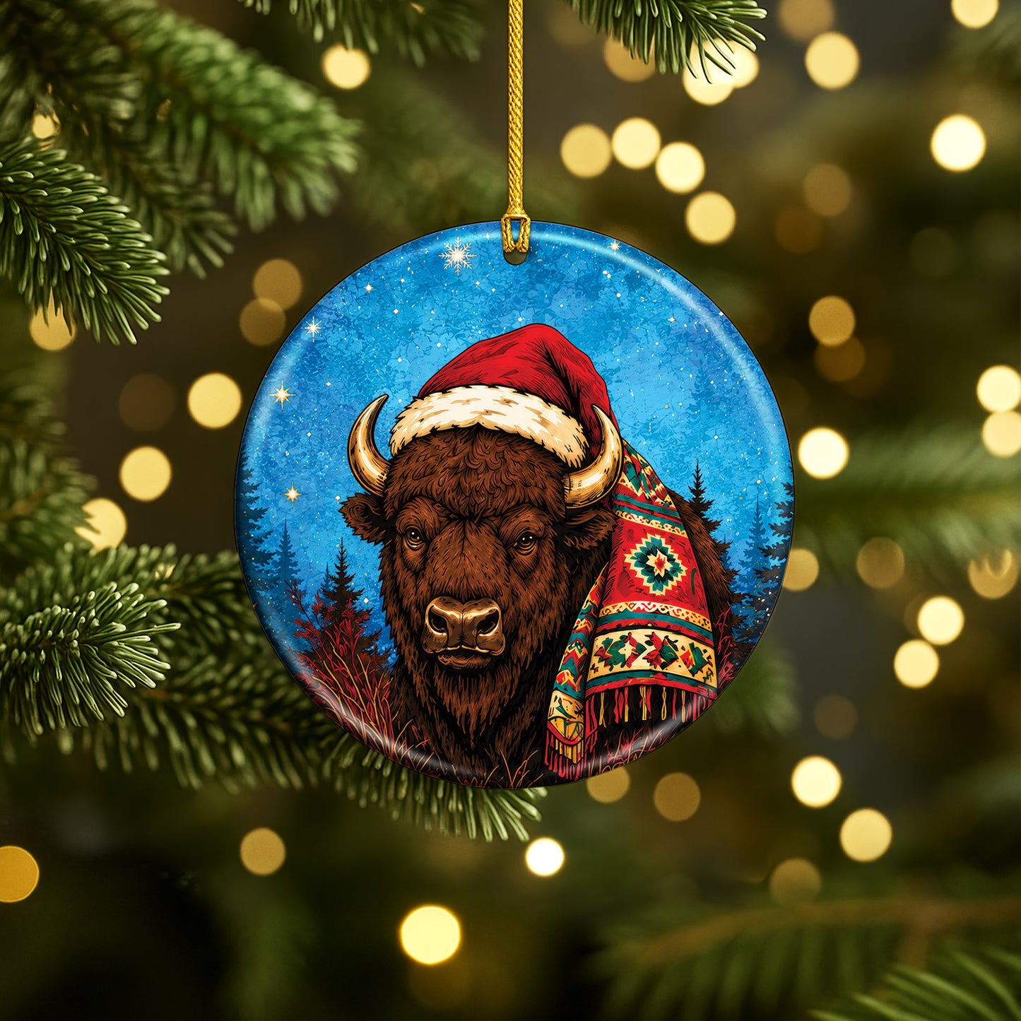 Native Inspired Buffalo Christmas Ornament Ceramic Bison Holiday Tree Decoration Gift