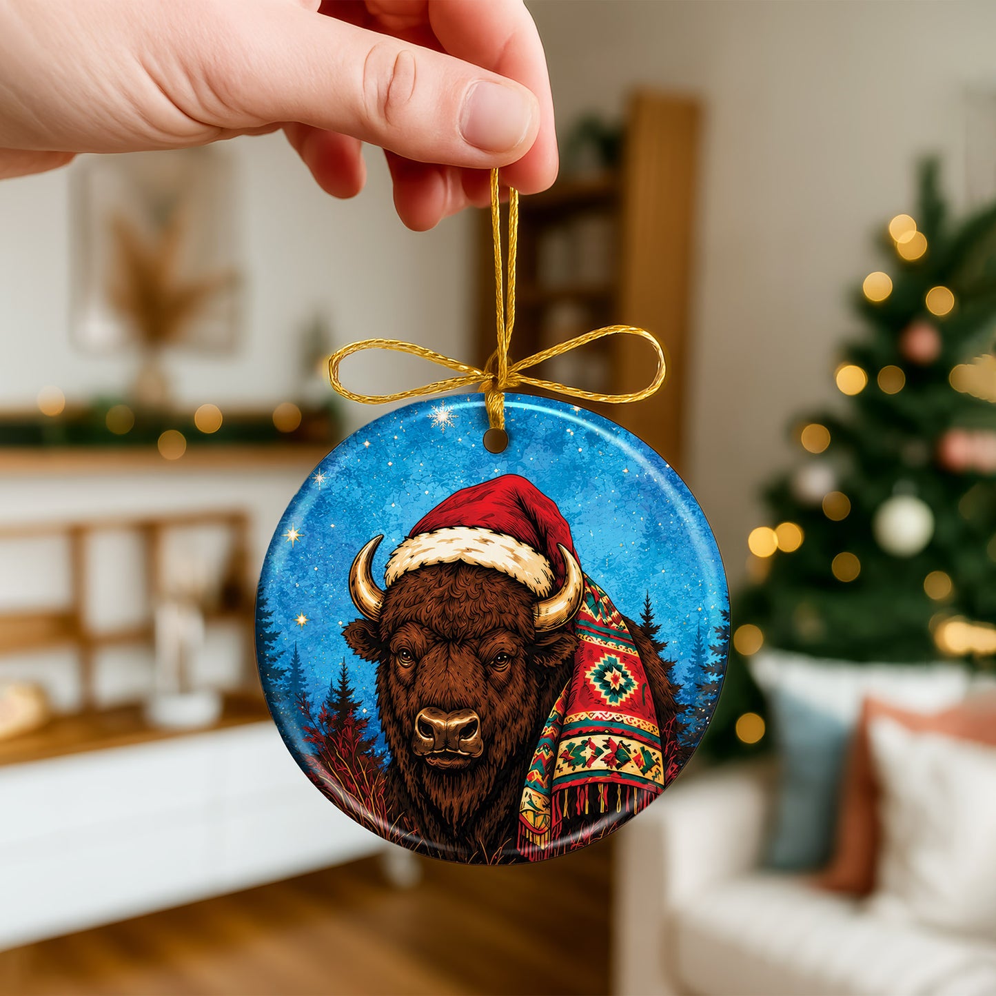 Native Inspired Buffalo Christmas Ornament Ceramic Bison Holiday Tree Decoration Gift