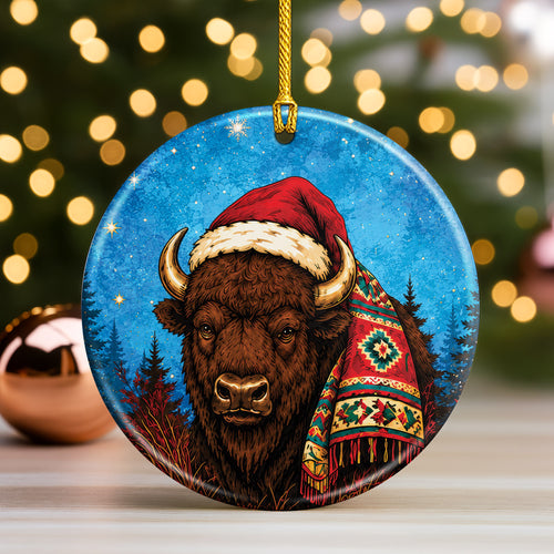 Native Inspired Buffalo Christmas Ornament Ceramic Bison Holiday Tree Decoration Gift