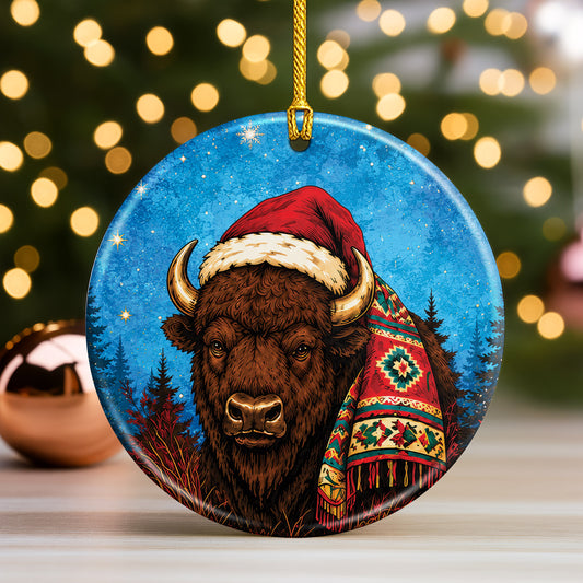 Native Inspired Buffalo Christmas Ornament Ceramic Bison Holiday Tree Decoration Gift
