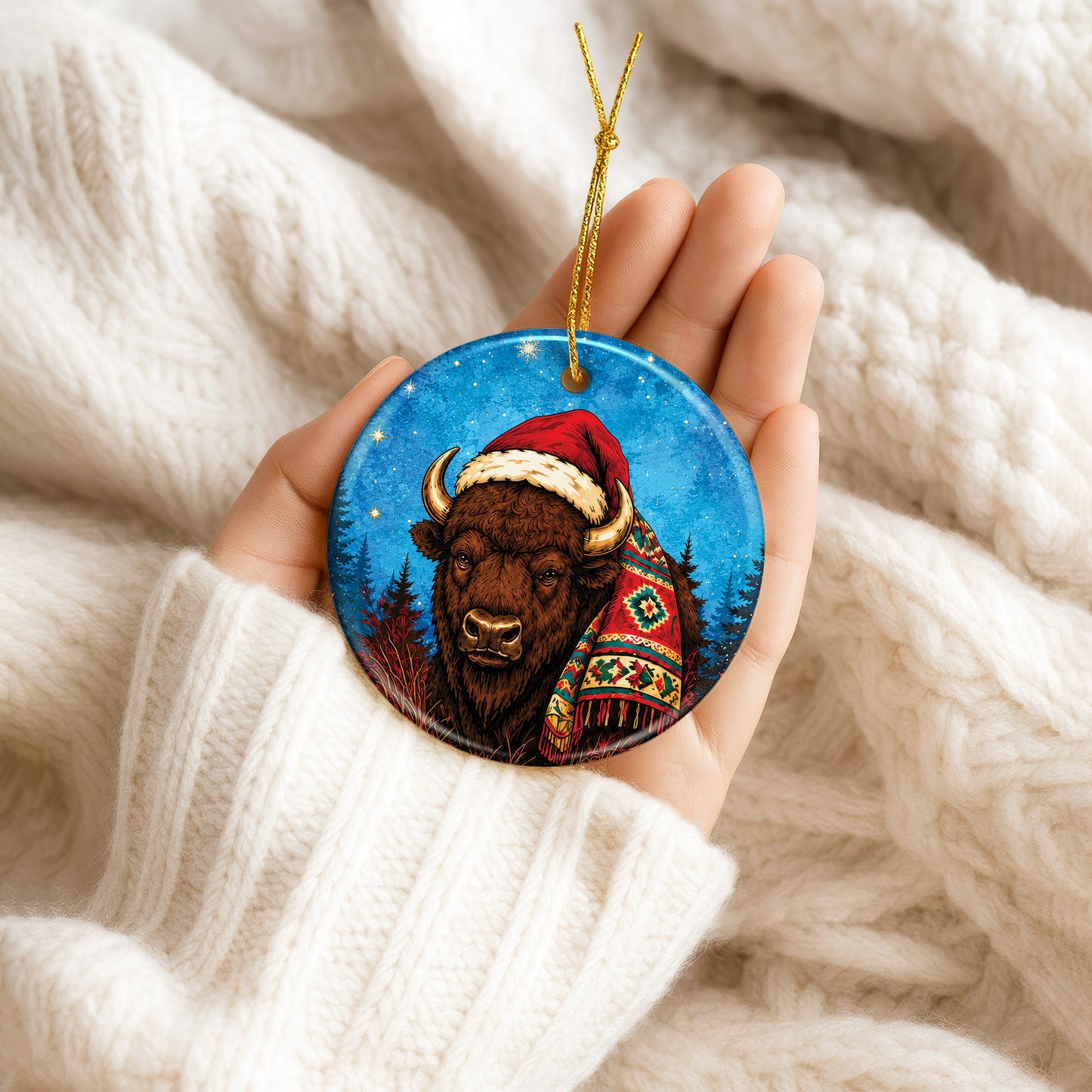 Native Inspired Buffalo Christmas Ornament Ceramic Bison Holiday Tree Decoration Gift