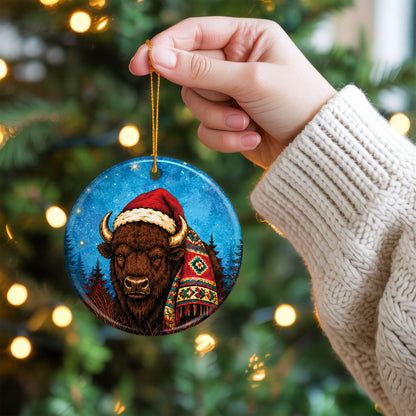 Native Inspired Buffalo Christmas Ornament Ceramic Bison Holiday Tree Decoration Gift