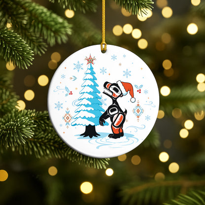 Raven Ceramic Ornament, Indigenous Inspired Bird Art Winter Christmas Keepsake