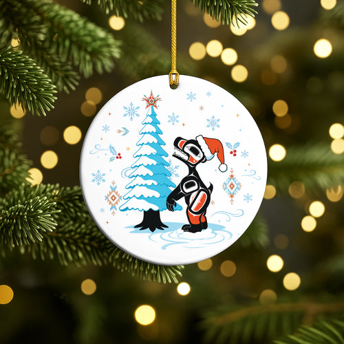 Raven Ceramic Ornament, Indigenous Inspired Bird Art Winter Christmas Keepsake
