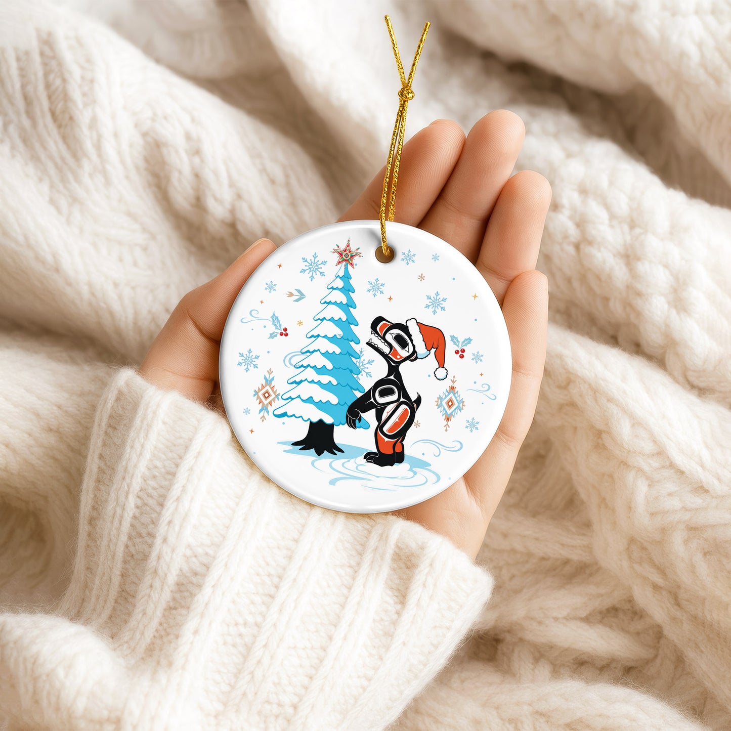 Raven Ceramic Ornament, Indigenous Inspired Bird Art Winter Christmas Keepsake
