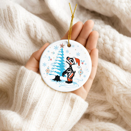 Raven Ceramic Ornament, Indigenous Inspired Bird Art Winter Christmas Keepsake