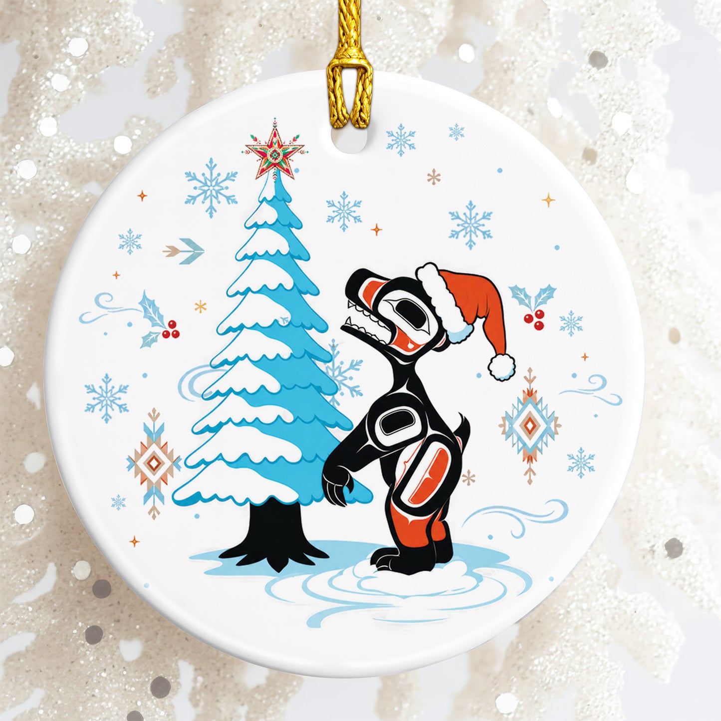 Raven Ceramic Ornament, Indigenous Inspired Bird Art Winter Christmas Keepsake