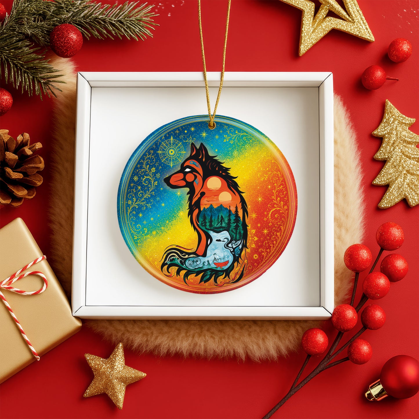 Spirit Wolf Christmas Ornament Native Inspired Ceramic Wildlife Holiday Tree Decoration Gift