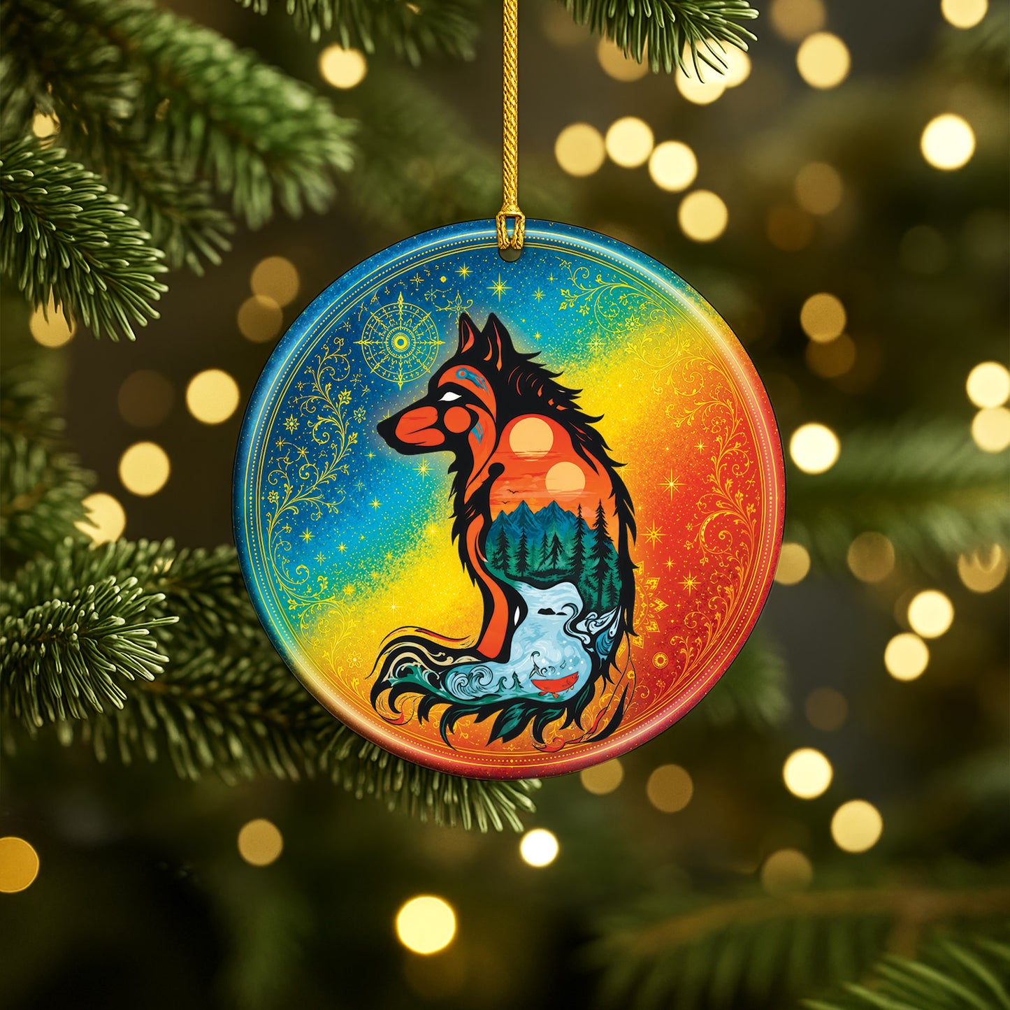 Spirit Wolf Christmas Ornament Native Inspired Ceramic Wildlife Holiday Tree Decoration Gift