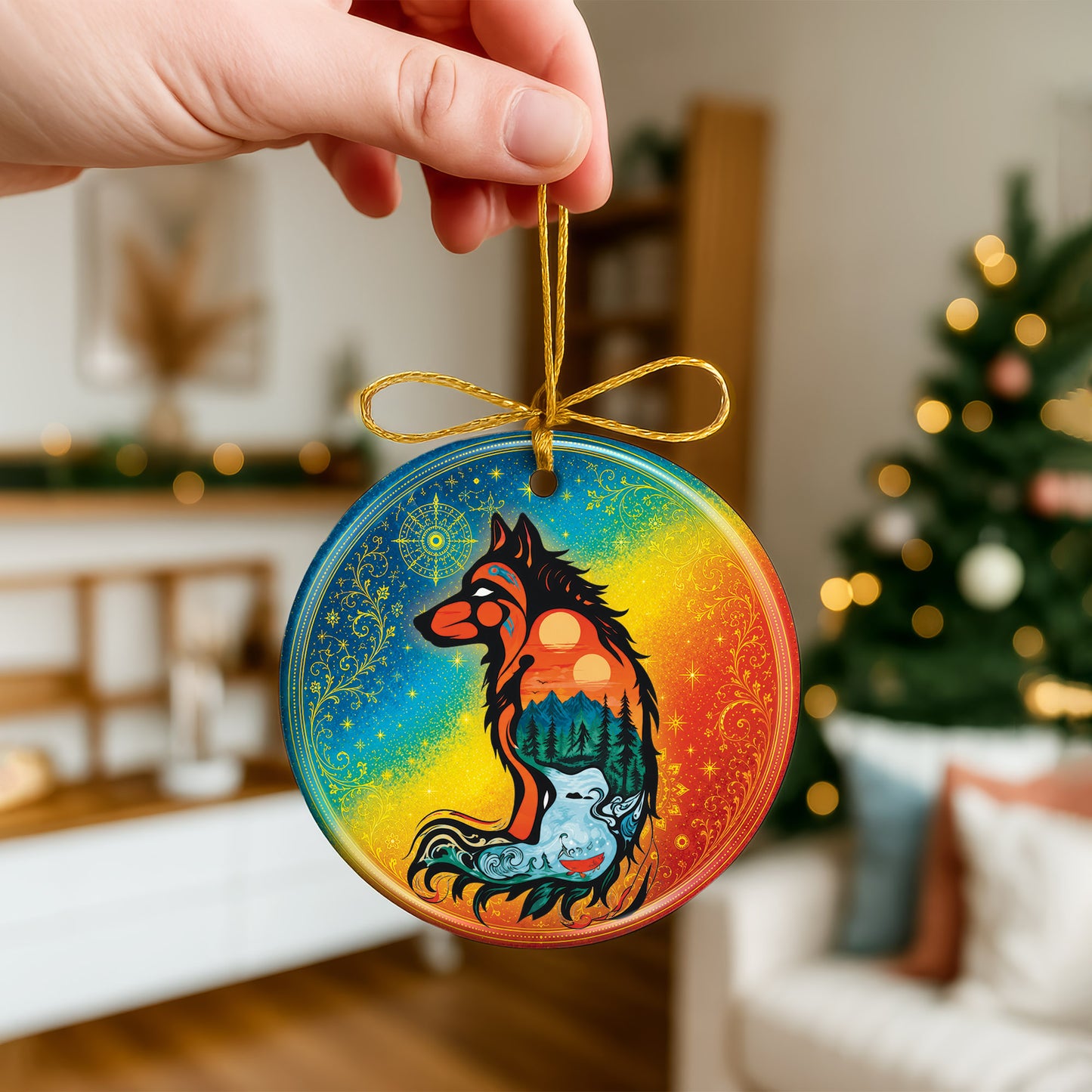 Spirit Wolf Christmas Ornament Native Inspired Ceramic Wildlife Holiday Tree Decoration Gift